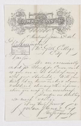 Letter from Geo. Ferguson to B.J. Harrington, written from Montreal.