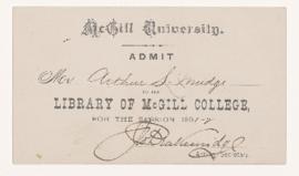 Library of McGill College admission card, 1891-1892