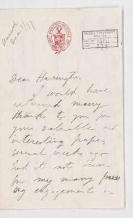 Letter from D.F.H. Wilkins to B.J. Harrington.