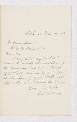 Letter from G.C. Caldwell to B.J. Harrington, written from Ithaca.