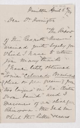 Letter from Chas.Cook Grant to B.J. Harrington, written from Hamilton.