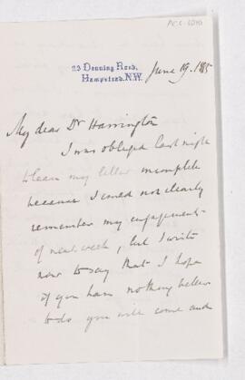 Letter from T.G. Bonney to B.J. Harrington, written from Hampstead, N.W.