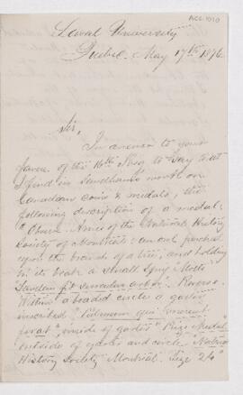 Letter from A.B. Veliume of Laval University to B.J. Harrington regarding a medal in the collecti...