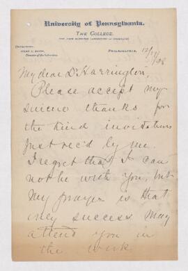 Letter from Edgar F. Smith to B.J. Harrington, written from Philadelphia.