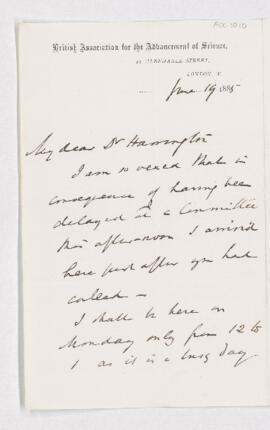 Letter from T.G. Bonney to B.J. Harrington, written from London.