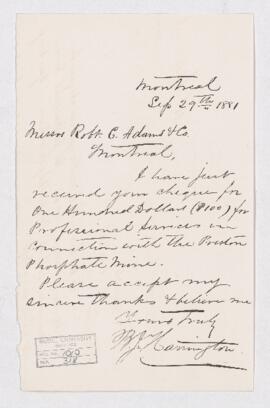 Letter from B.J. Harrington to Robt. C. Adams, written from Montreal.