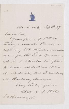 Letter from Abbot J. Hill to B.J. Harrington.