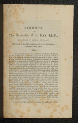 Address of the Honorable C.D. Day, Delivered at the Entertainment Given to Benefactors 