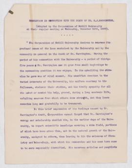 Resolution in Connection with the Death of Dr. B. J. Harrington, 11 December 1907