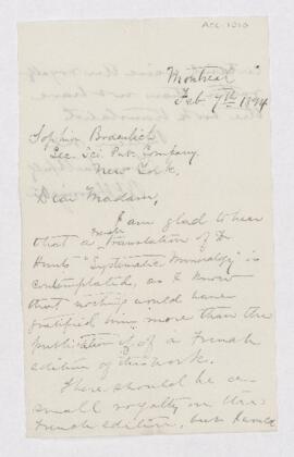 Copy of letter from B.J. Harrington to Sophia Braculich, written from Montreal.