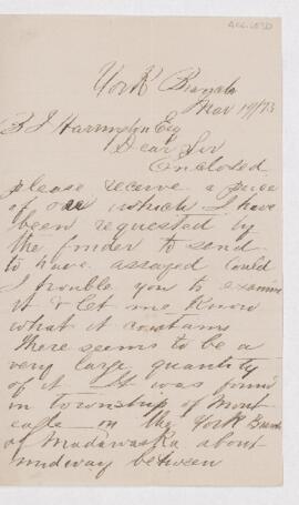 Letter from Duncan E. Dewar sending specimen to have assayed. Bernard has included a copy of his ...