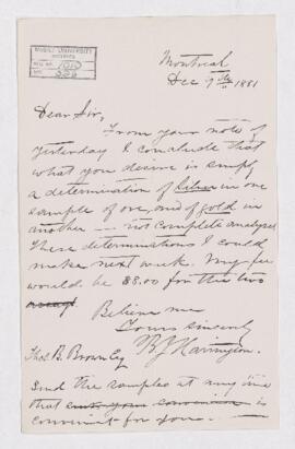 Letter from B.J. Harrington to Thos.B. Brown, written from Montreal.
