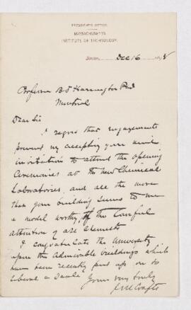 Letter from J.M. Crafts to B.J. Harrington, written from Boston.