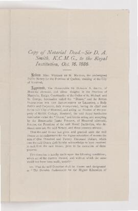 Copy of notarial deed - Sir D.A. Smith, K.C.M.G., to the Royal Institution