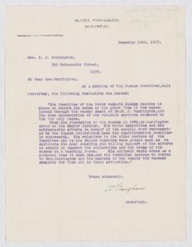 Letter from Museum Committee of Peter Redpath Museum, 10 December 1907