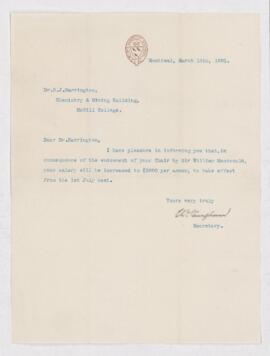 Letter from W. Vaughan to Bernard Harrington, written from Montreal. Letter informs Harrington of...