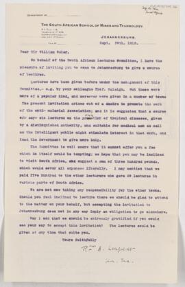 Letter to William Osler, September 30, 1912