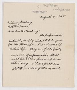 Letter to Harvey Cushing, August 4, 1925