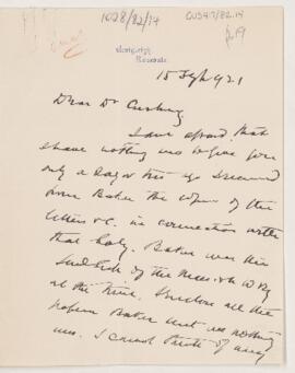 Letter to Harvey Cushing, September 15, 1921