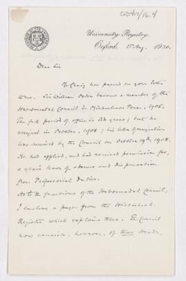 Letter to Harvey Cushing