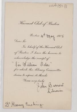 Letter to Harvey Cushing, May 4, 1925