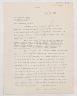 Letter to William Osler, June 18, 1912