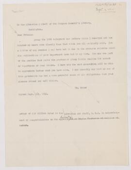Letter to Washington Surgeon General's Library, September 1, 1911