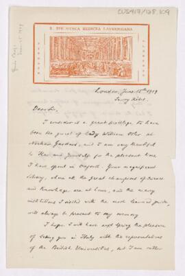 Letter to William Osler, June 15, 1919