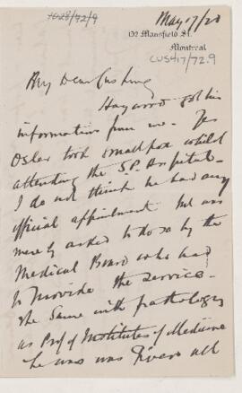 Letter to Harvey Cushing, May 17, 1920