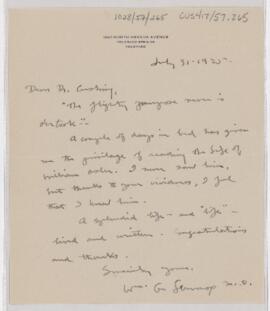 Letter to Harvey Cushing, July 31, 1925