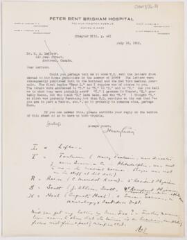 Letter to Henri Amédée Lafleur, July 10, 1922