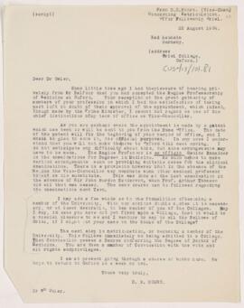 Letter to William Osler, August 22, 1904