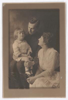 Photograph of J.C. Meakins in army uniform with Dorothy Meakins and J.F. as young boy