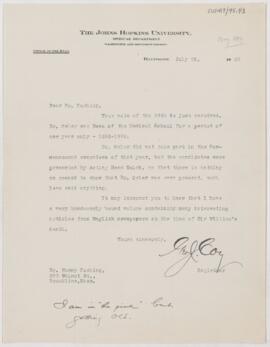 Letter to Harvey Cushing, July 29, 1922