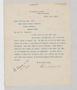 Letter to Harvey Cushing, March 21, 1921