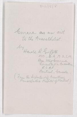 Handwritten notes on "Curare as an aid to the anaesthetist" by Dr. Harold R. Griffith