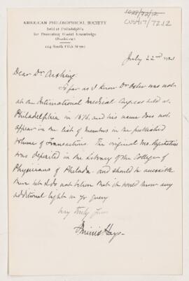 Letter to Harvey Cushing, July 22, 1921