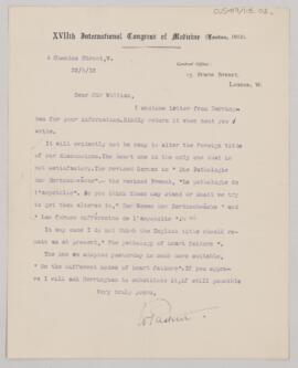 Letter to William Osler, May 22, 1913