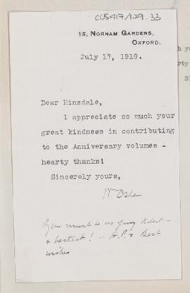 Letter to  Hinsdale, July 17, 1919