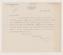 Letter to Harvey Cushing, April 20, 1921