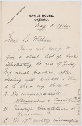 Letter to William Osler, May 11, 1914