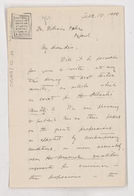 Letter to William Osler, September 15, 1905