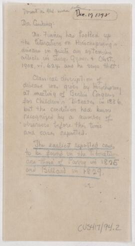 Letter to Harvey Cushing, December 19, 1898