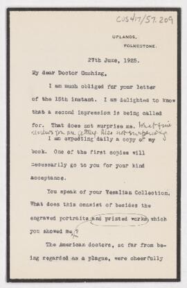 Letter to Harvey Cushing, June 27, 1925