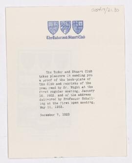 Form letter, The Tudor and Stuart Club