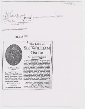 Advertisement for "Life of Sir William Osler"