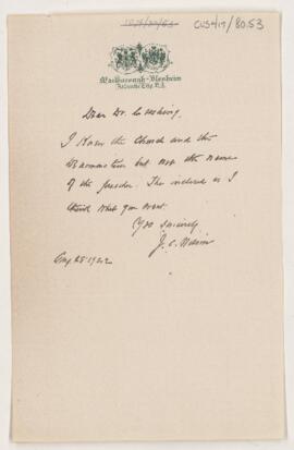 Letter to Harvey Cushing, August 28, 1922