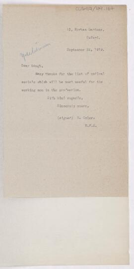 Letter to Alfred Keogh, September 22, 1919