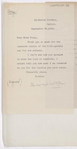 Letter to M.W. Blogg, September 22, 1919