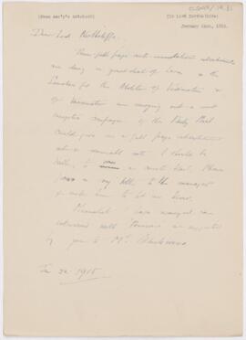 Letter to  Northcliffe, January 22, 1915